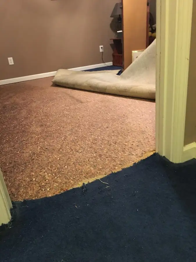 Carpet pad removal revealing water damage during Water Mitigation Services in New Garden